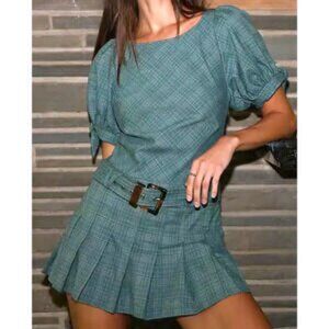 Free People Sevi Plaid Mini Dress Green Pleated Drop Waist Belted Size S NWOT